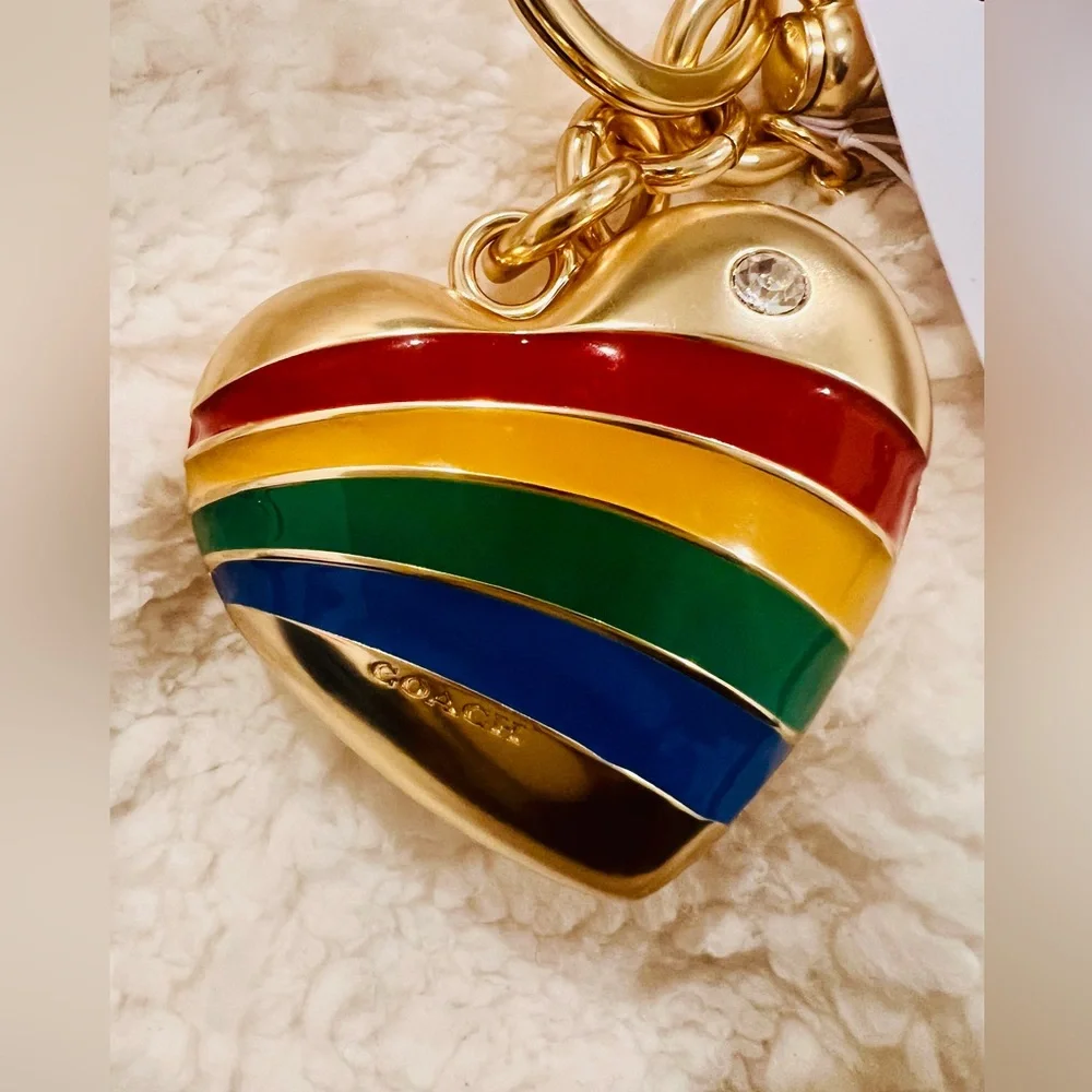 Coach Gold Heart Keychain with Multicolor Stripes. NWT